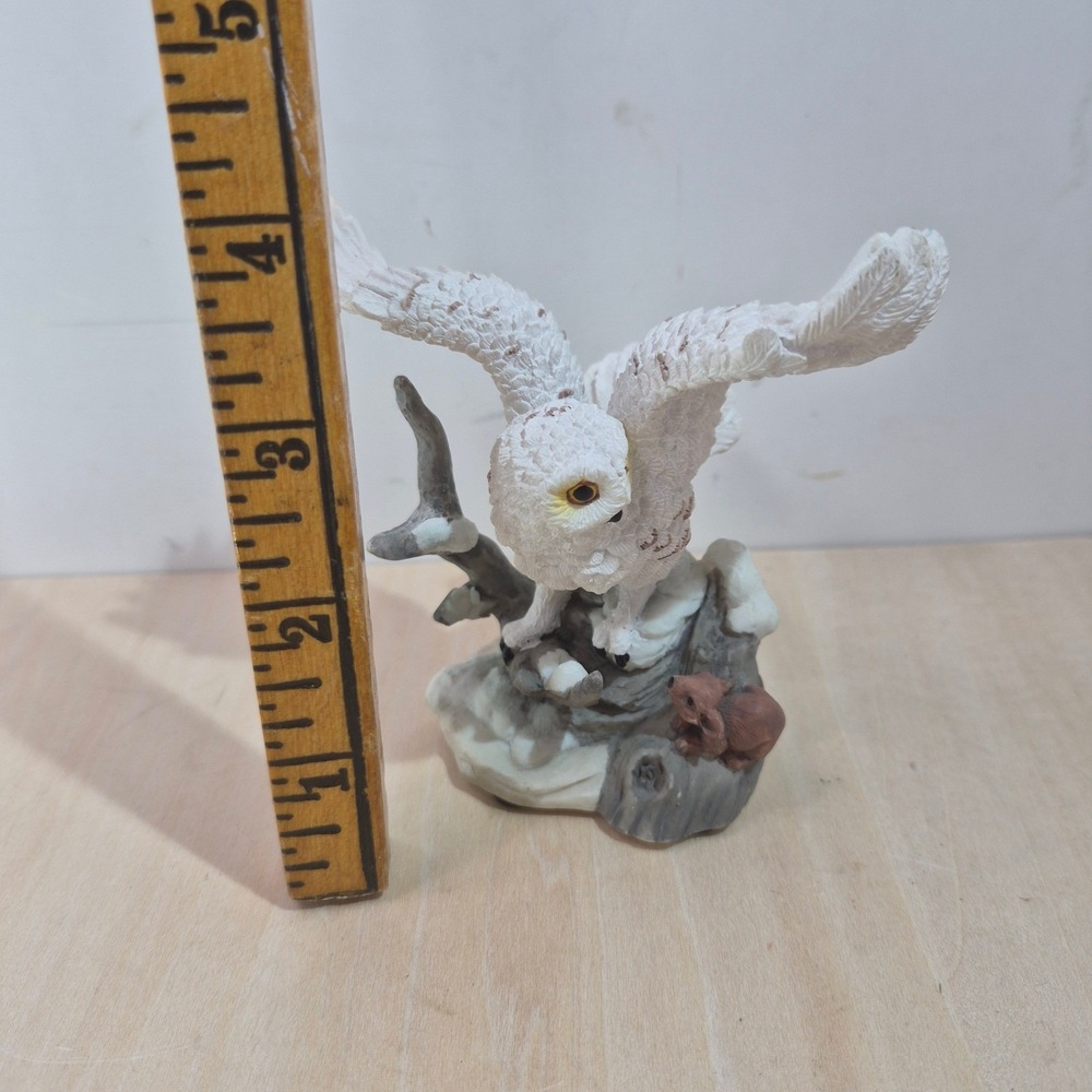 Snowy Owl Figurine with Mouse White Bird on Branch Nature Statue 4.5 Inch - Picture 6 of 6
